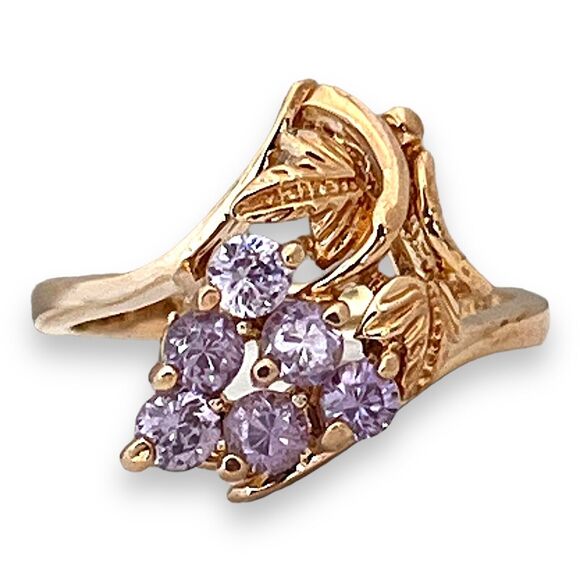 Vintage Ring Size 6 Grapes Purple Crystals 18K Gold Plate Mid-Century MCM 14F - Picture 4 of 5